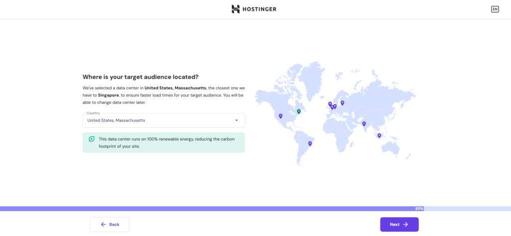 The data center selection page in Hostinger's onboarding wizard