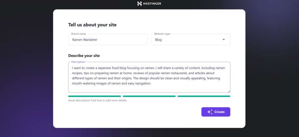 Hostinger's AI Website Builder for WordPress prompt input page